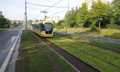 Zelená tramvajová trať v Plaské ulici